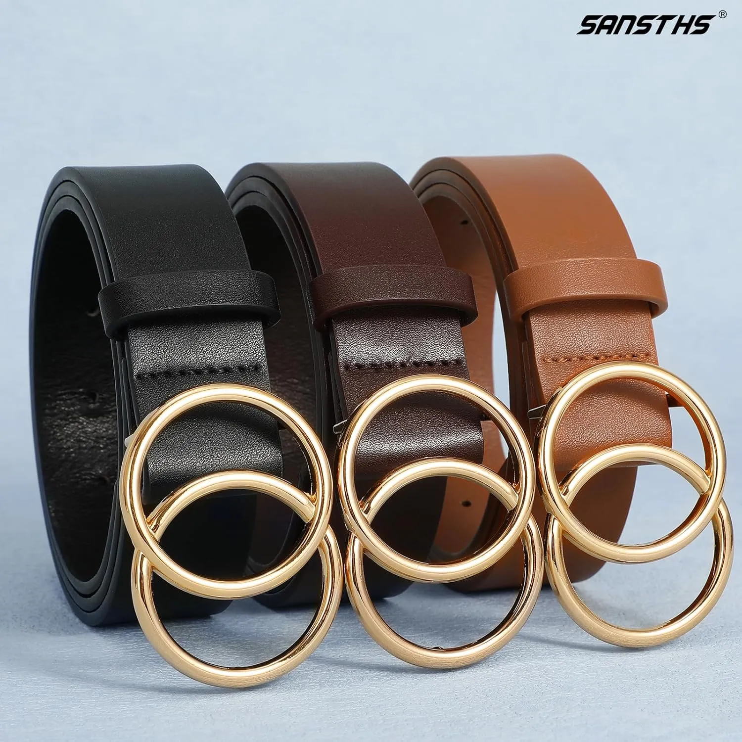 SANSTHS 3 Pack Women Waist Belts for Jeans Pants Dresses, Ladies Belt with Double O-Ring Gold Buckle