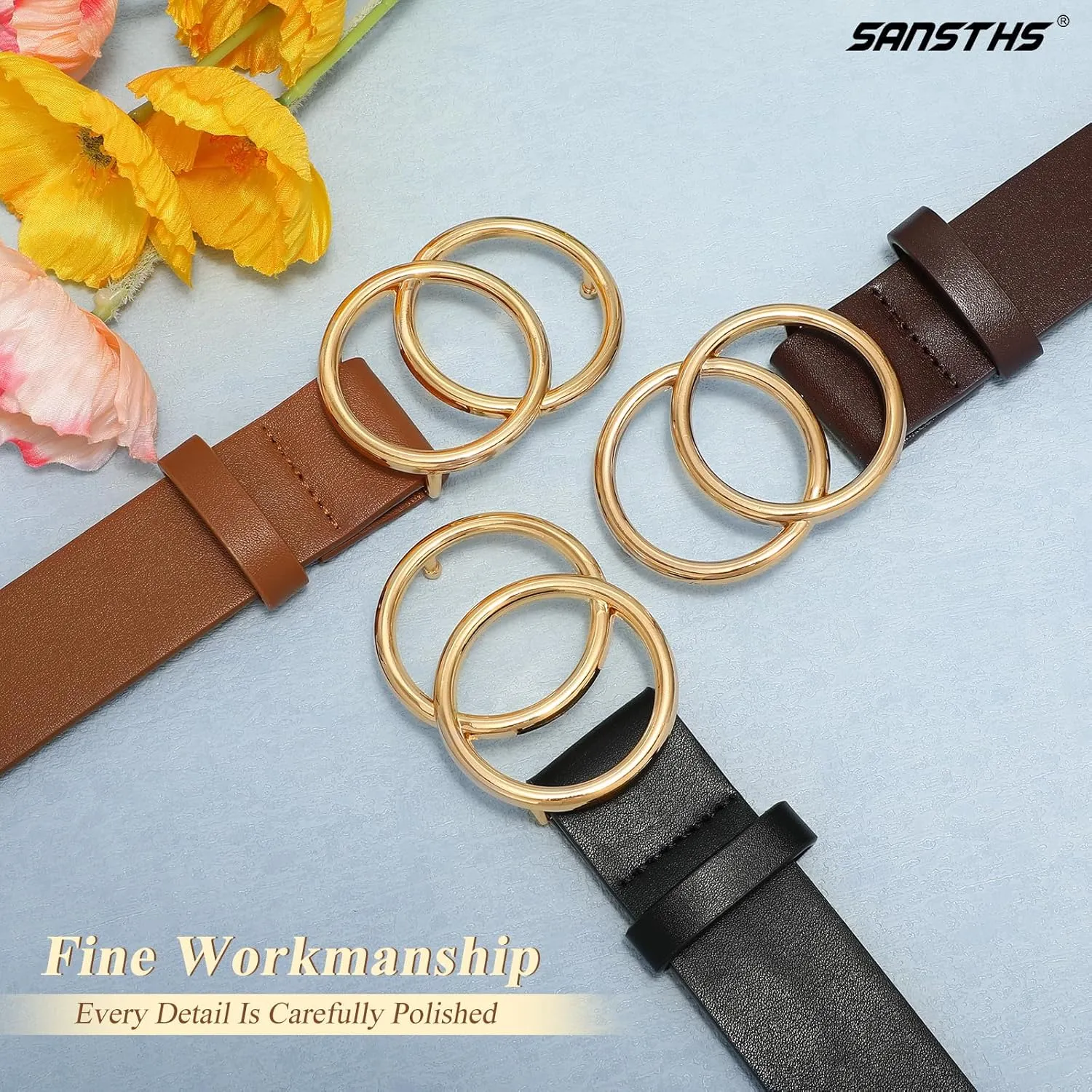 SANSTHS 3 Pack Women Waist Belts for Jeans Pants Dresses, Ladies Belt with Double O-Ring Gold Buckle