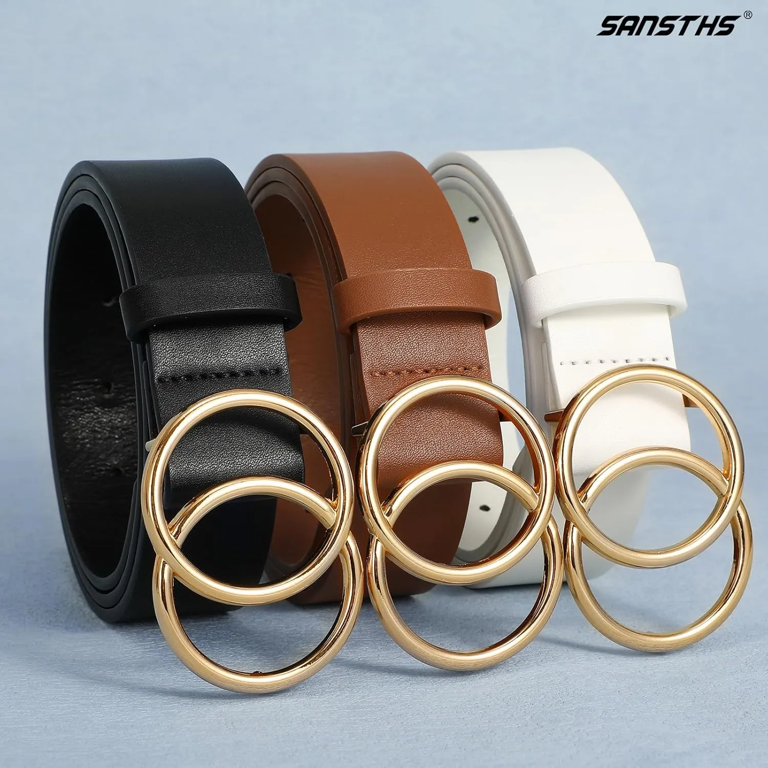 SANSTHS 3 Pack Women Waist Belts for Jeans Pants Dresses, Ladies Belt with Double O-Ring Gold Buckle