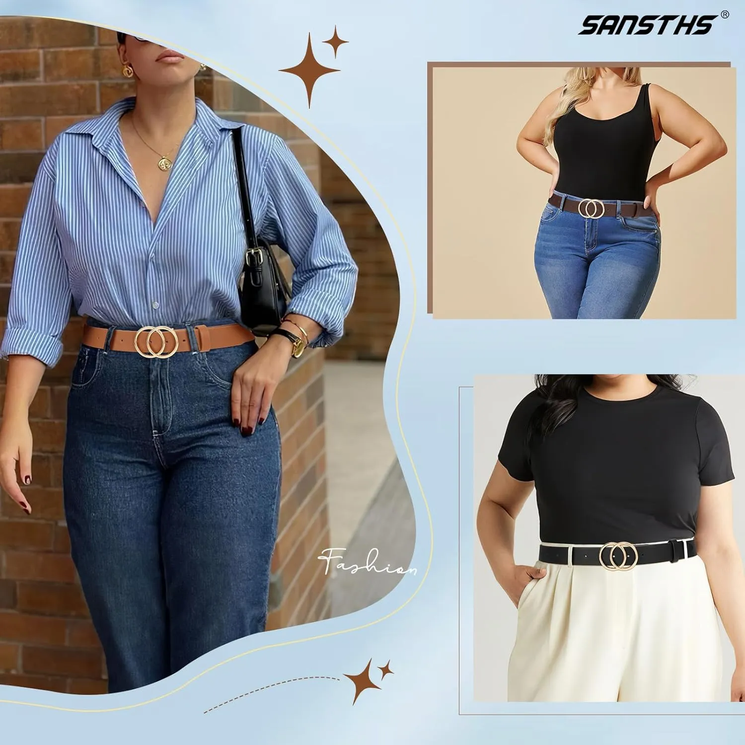 SANSTHS 3 Pack Women Waist Belts for Jeans Pants Dresses, Ladies Belt with Double O-Ring Gold Buckle