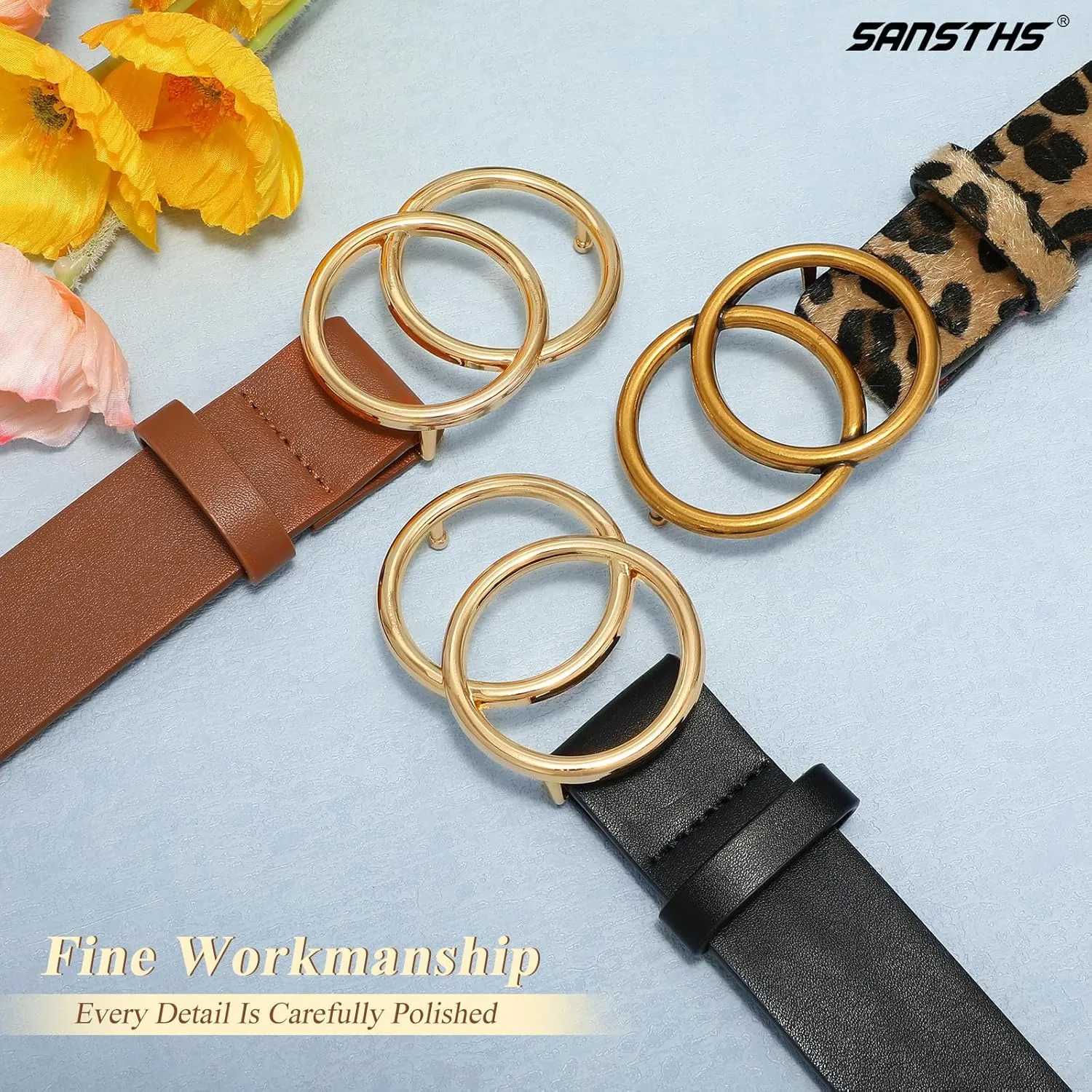 SANSTHS 3 Pack Women Waist Belts for Jeans Pants Dresses, Ladies Belt with Double O-Ring Gold Buckle