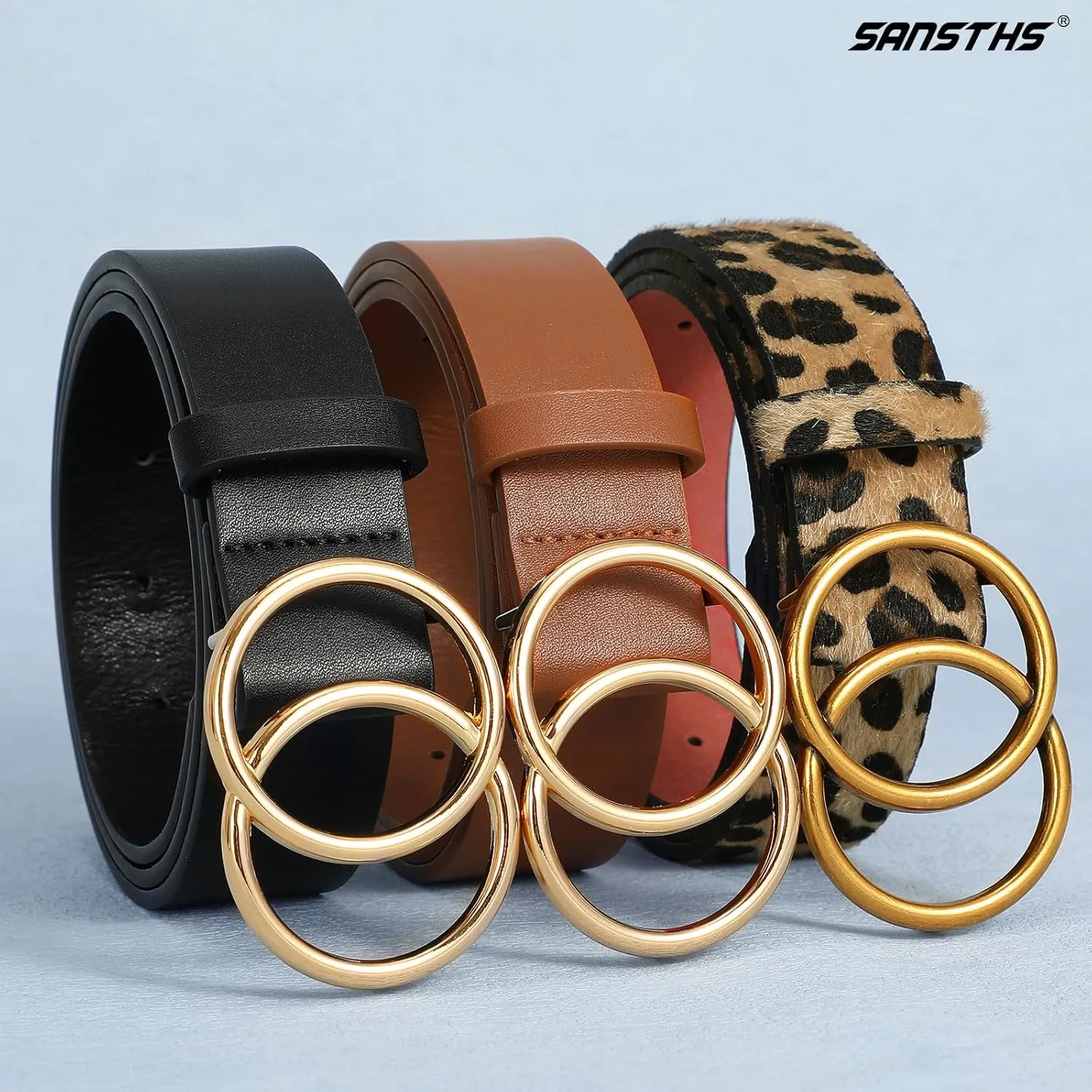 SANSTHS 3 Pack Women Waist Belts for Jeans Pants Dresses, Ladies Belt with Double O-Ring Gold Buckle