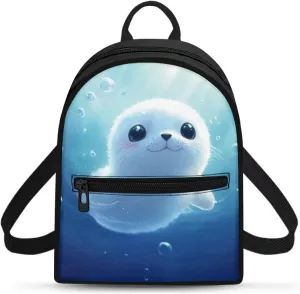 Sea Seal Women Mini Backpack, Durable Lightweight Polyester Anti-Theft Daypack for Women, Travel Casual Rucksack Small Size
