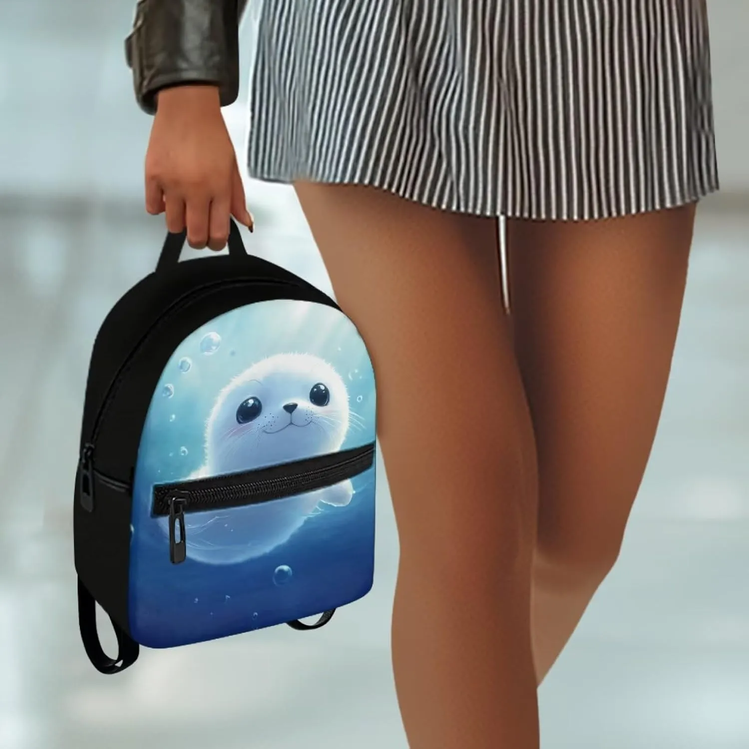 Sea Seal Women Mini Backpack, Durable Lightweight Polyester Anti-Theft Daypack for Women, Travel Casual Rucksack Small Size