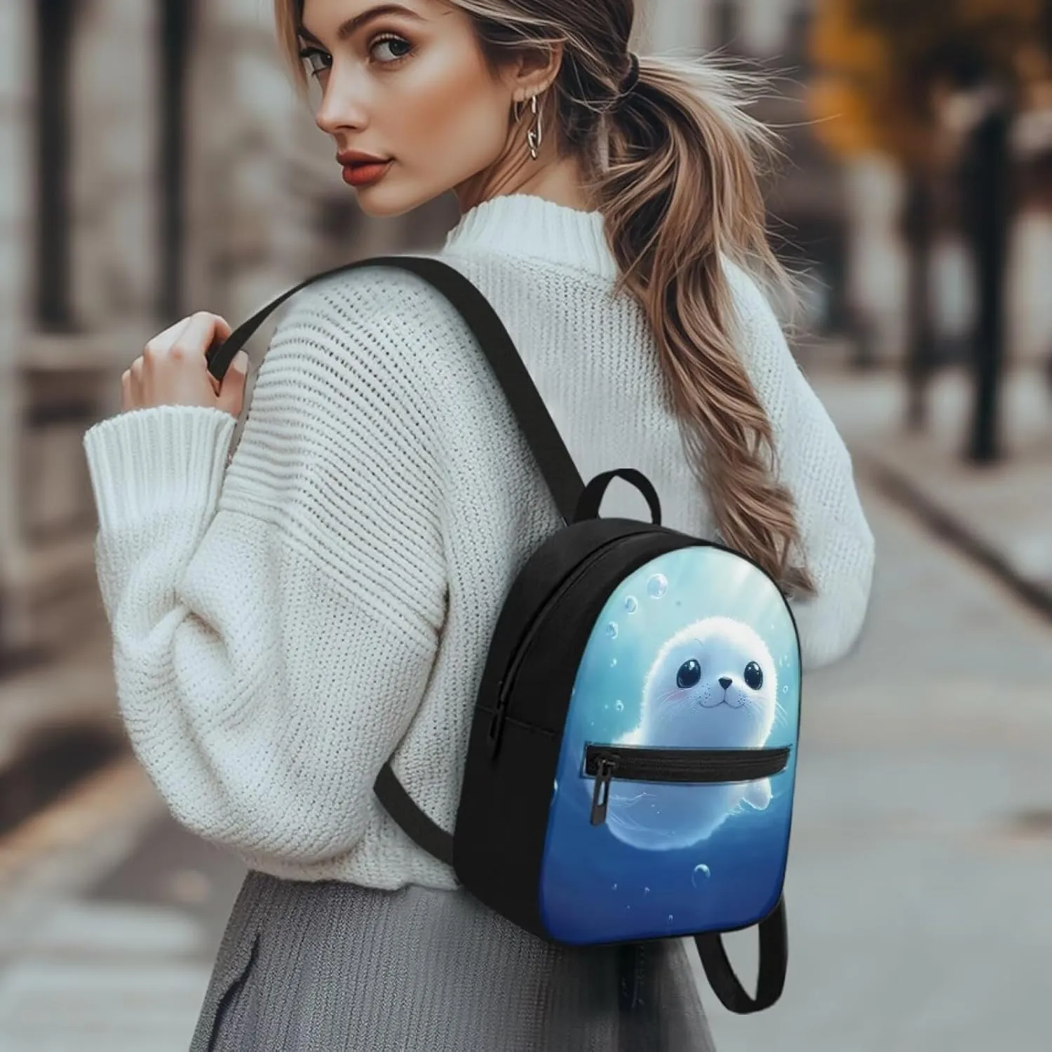Sea Seal Women Mini Backpack, Durable Lightweight Polyester Anti-Theft Daypack for Women, Travel Casual Rucksack Small Size