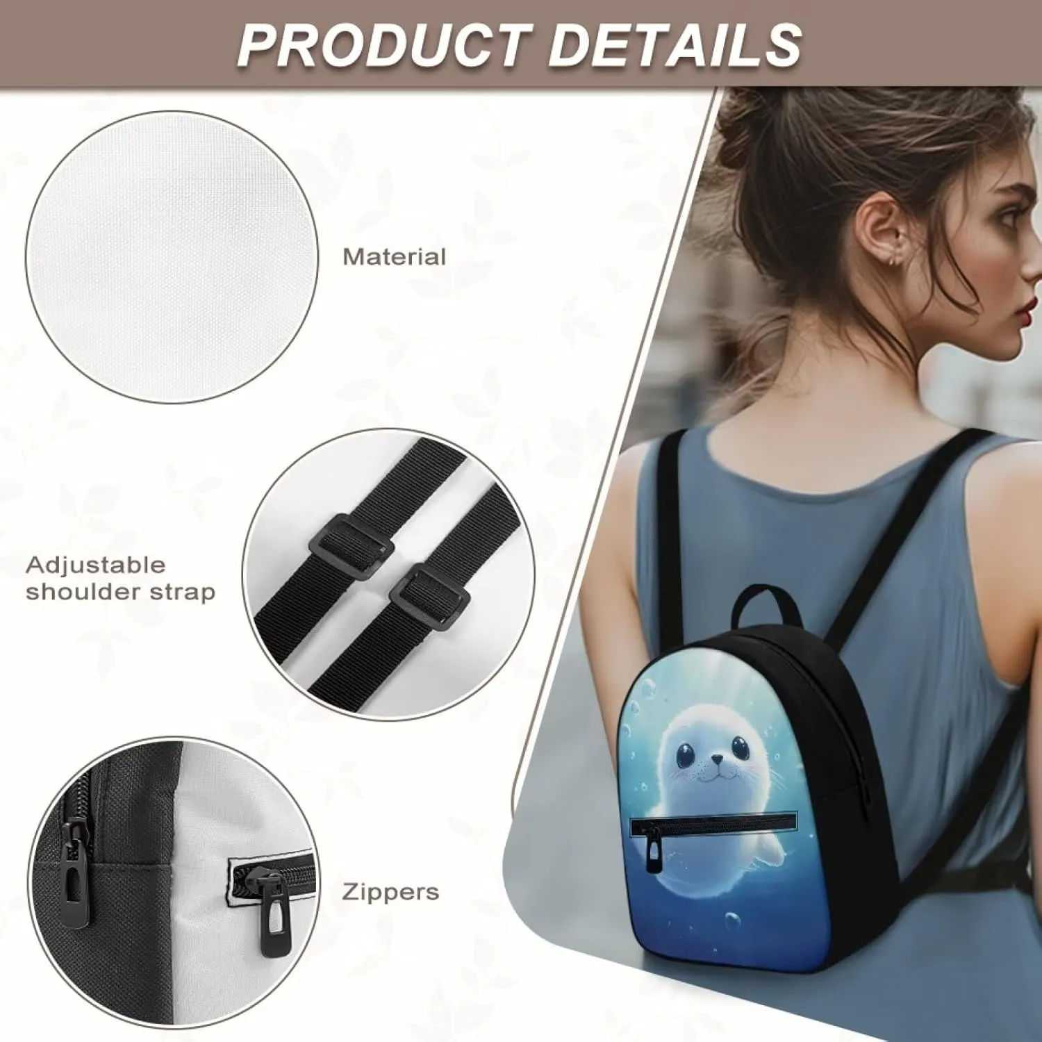 Sea Seal Women Mini Backpack, Durable Lightweight Polyester Anti-Theft Daypack for Women, Travel Casual Rucksack Small Size