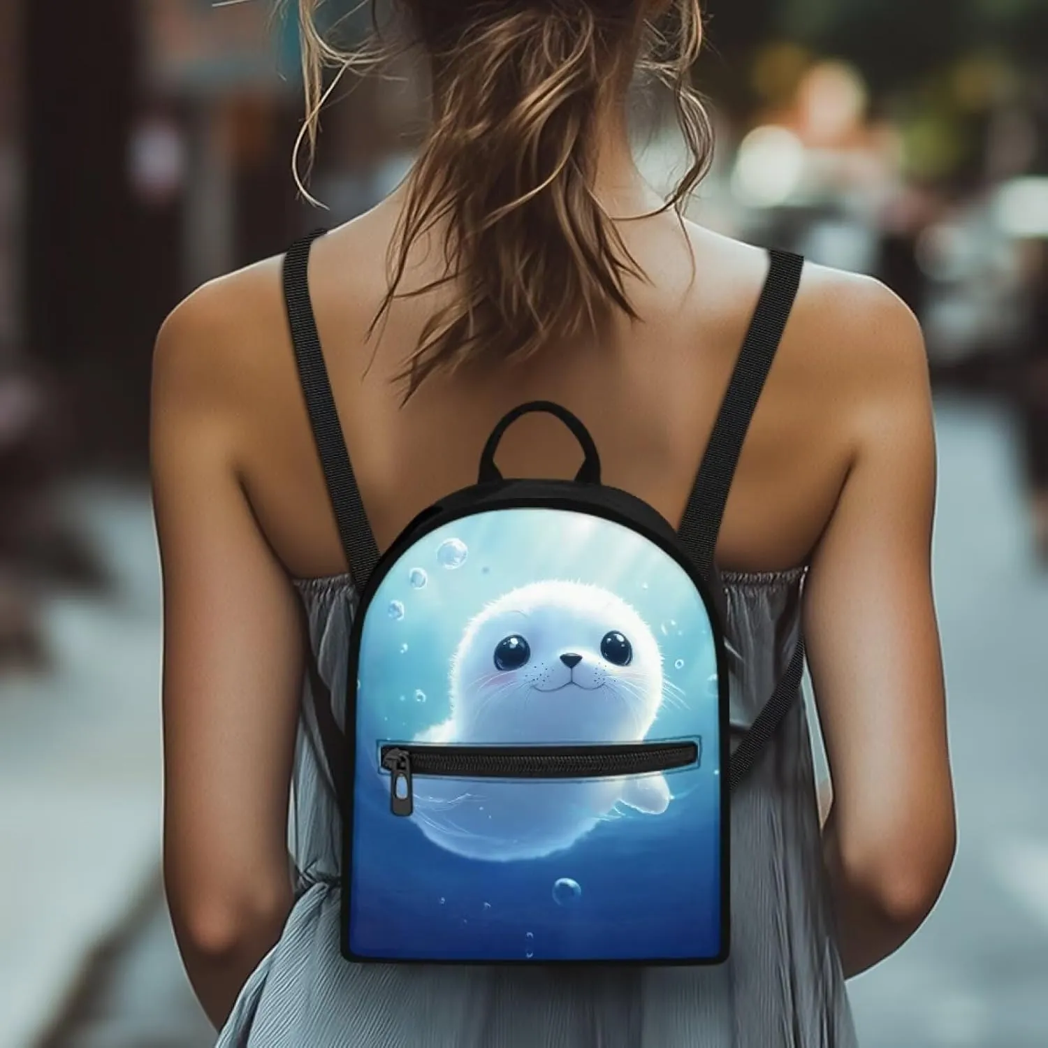 Sea Seal Women Mini Backpack, Durable Lightweight Polyester Anti-Theft Daypack for Women, Travel Casual Rucksack Small Size