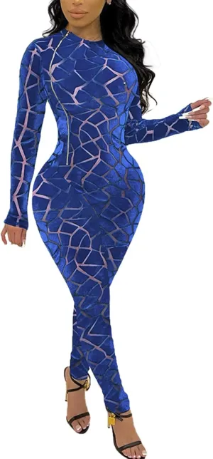 sedmoda Women's Sexy Bodycon Jumpsuits Long Sleeve Sheer Mesh Patchwork Side Zipper Party Club Rompers