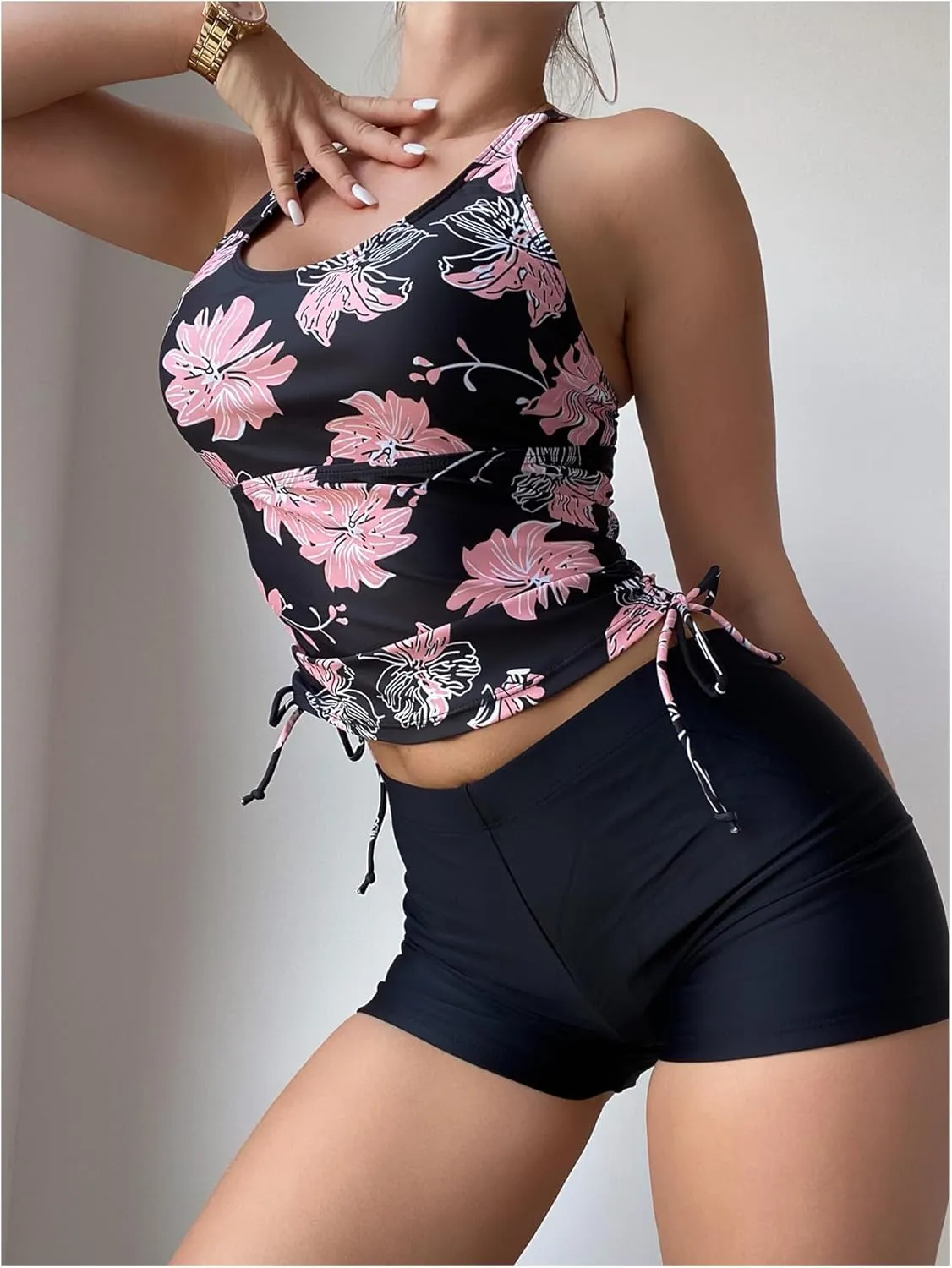 SHENHE Women's 2 Piece Tankini Swimsuits Tummy Control Floral Swim Tank Top with Shorts