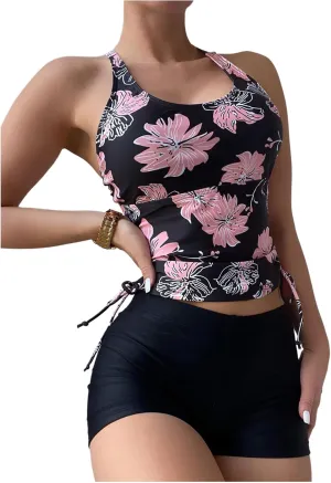 SHENHE Women's 2 Piece Tankini Swimsuits Tummy Control Floral Swim Tank Top with Shorts