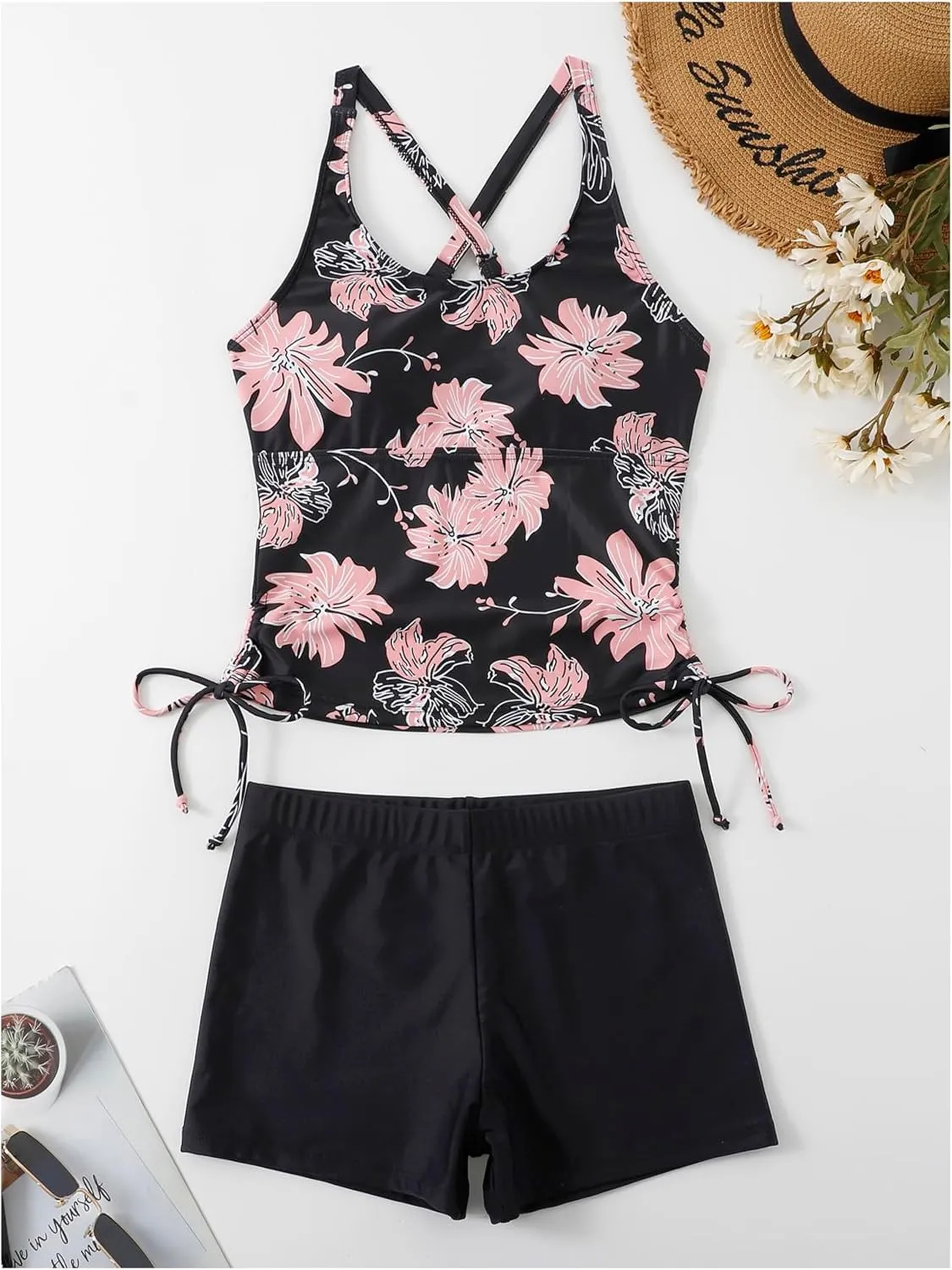 SHENHE Women's 2 Piece Tankini Swimsuits Tummy Control Floral Swim Tank Top with Shorts