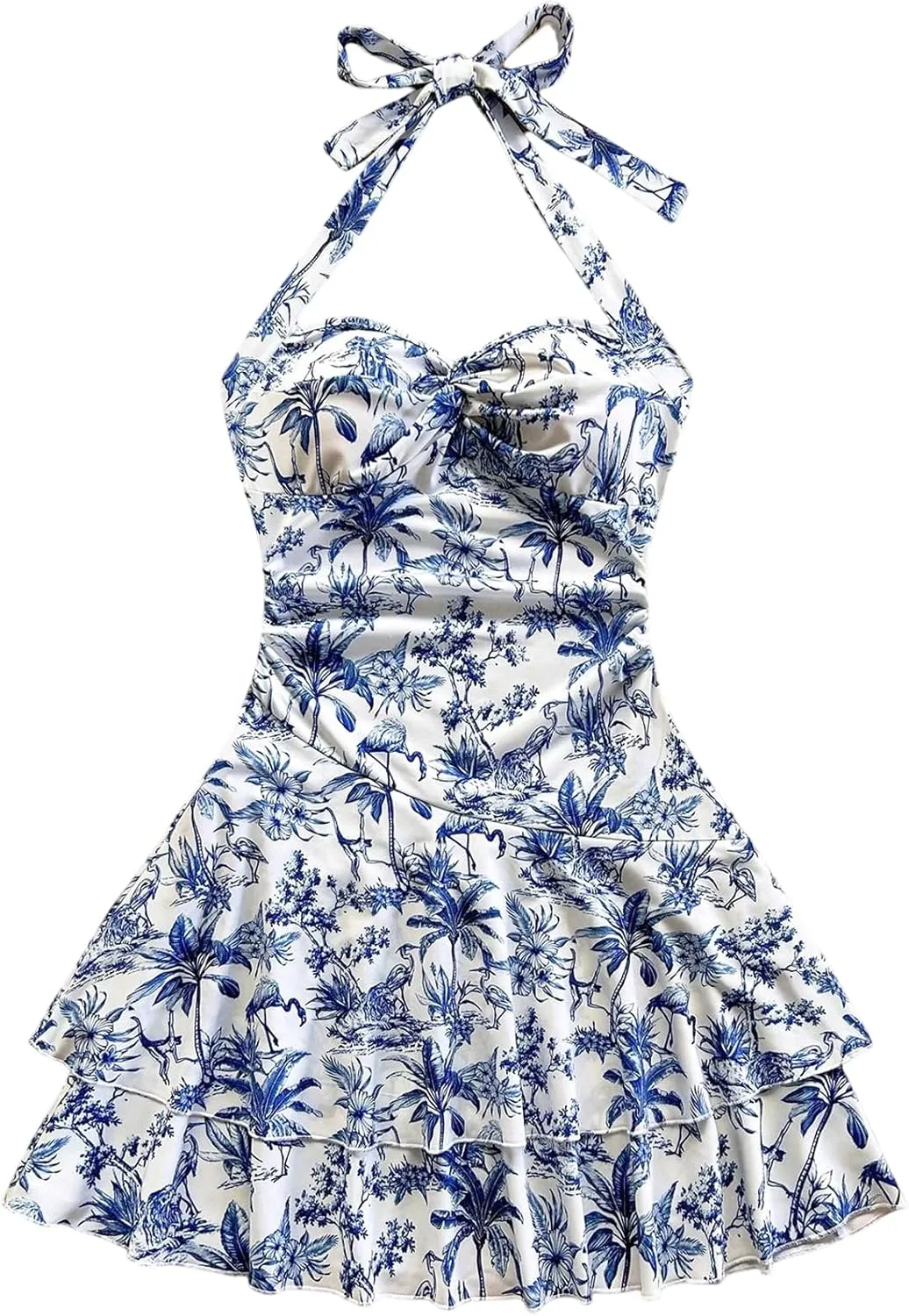 SHENHE Women's Summer Halter Mini Dress Ruched Layered Ruffle Hem Flowy Boho Sundress
