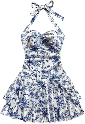 SHENHE Women's Summer Halter Mini Dress Ruched Layered Ruffle Hem Flowy Boho Sundress