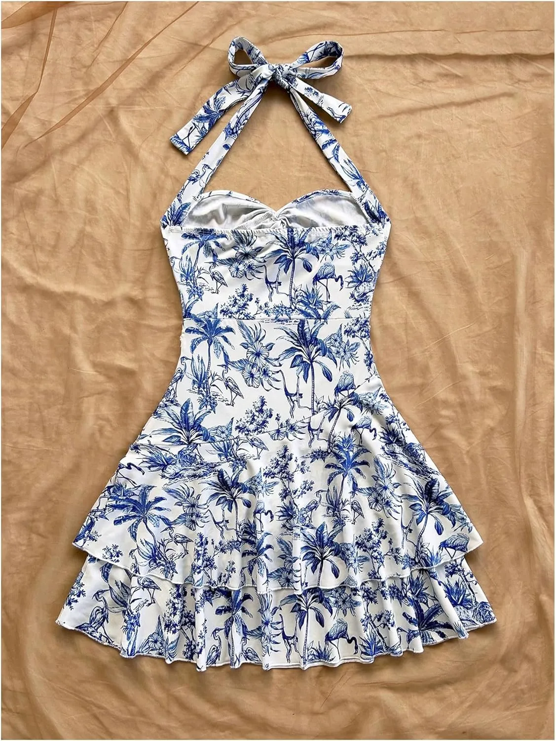 SHENHE Women's Summer Halter Mini Dress Ruched Layered Ruffle Hem Flowy Boho Sundress