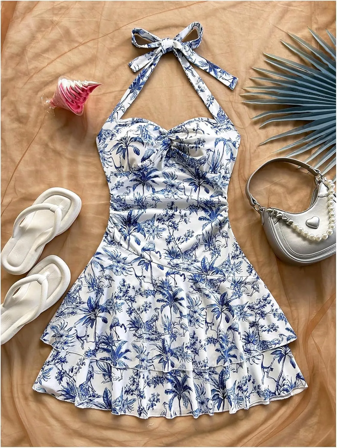 SHENHE Women's Summer Halter Mini Dress Ruched Layered Ruffle Hem Flowy Boho Sundress