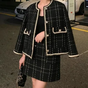 Short Woolen Tweed Jacket Skirt  Two Piece Outfit Set