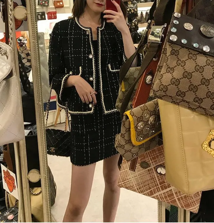 Short Woolen Tweed Jacket Skirt  Two Piece Outfit Set