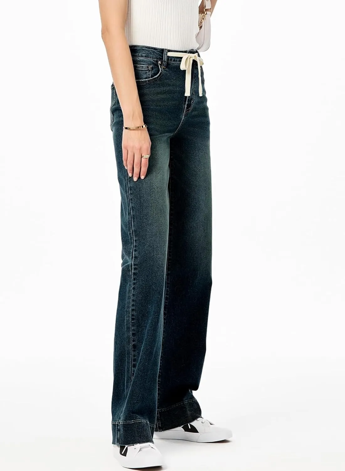 Sidefeel Women's Wide Leg Jeans High Waisted Stretchy Straight Leg Baggy Drawstring Zimbaplatinum Denim Pants