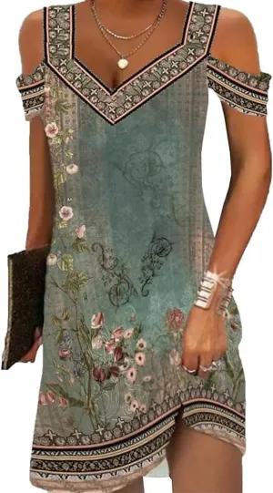 Size L Green Floral Women Cold Shoulder Dress 2025 Summer Casual Elegant Boho Midi Floral V Neck A-Line Beach Vacation Sun Dresses