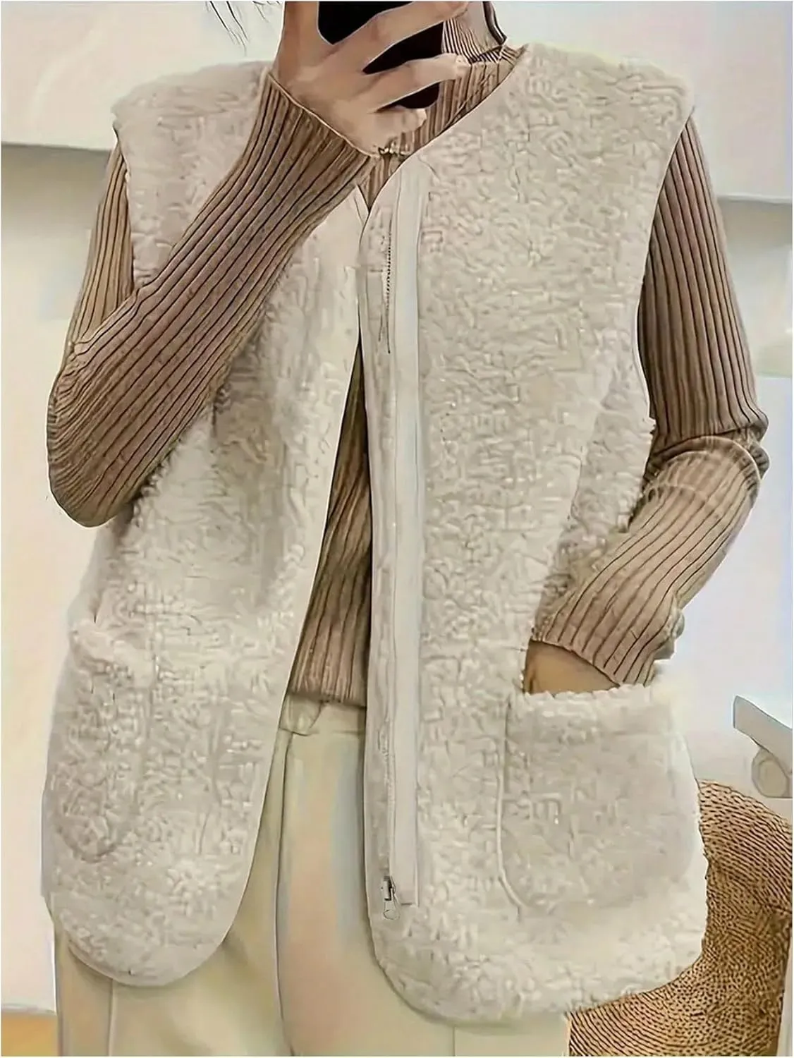 SOLY HUX Women's Fleece Sweater Vest Zip Up Sleeveless Sherpa Tank Top Jackets with Pockets