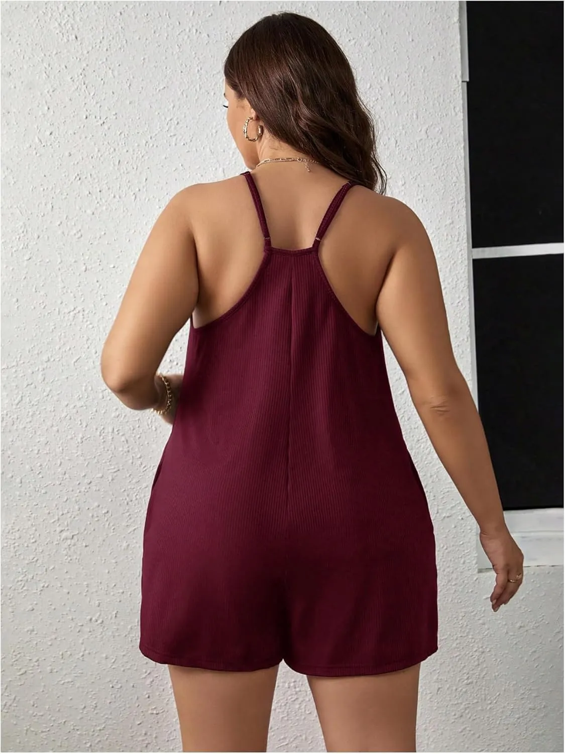 SOLY HUX Women's Plus Size Cami Romper V Neck Spaghetti Strap Short Jumpsuit with Pockets