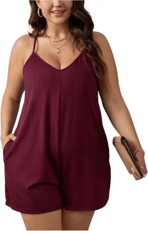 SOLY HUX Women's Plus Size Cami Romper V Neck Spaghetti Strap Short Jumpsuit with Pockets