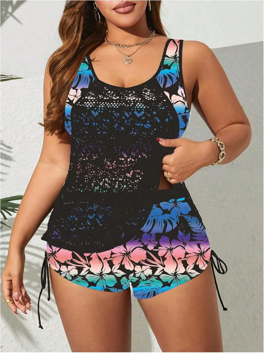 SOLY HUX Women's Plus Size Tankini Swimsuits Floral Print Two Piece Bathing Suit Lace Tankini Tops and Shorts Set