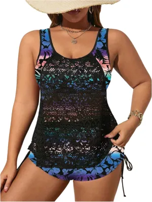 SOLY HUX Women's Plus Size Tankini Swimsuits Floral Print Two Piece Bathing Suit Lace Tankini Tops and Shorts Set