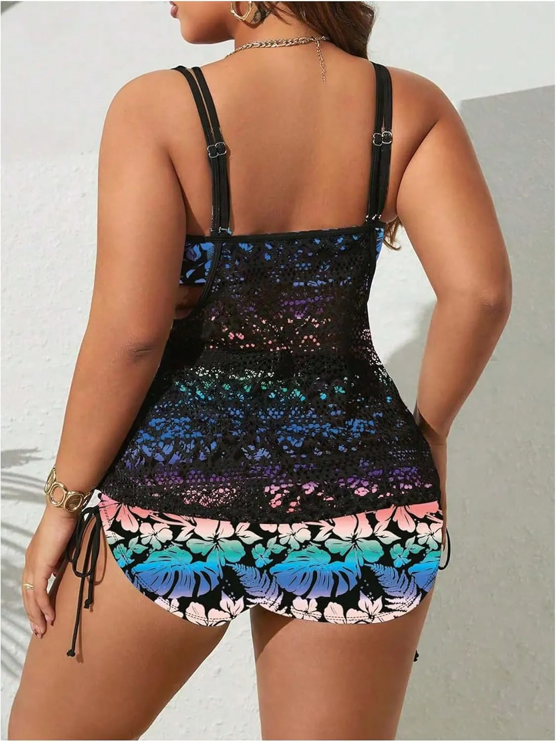 SOLY HUX Women's Plus Size Tankini Swimsuits Floral Print Two Piece Bathing Suit Lace Tankini Tops and Shorts Set