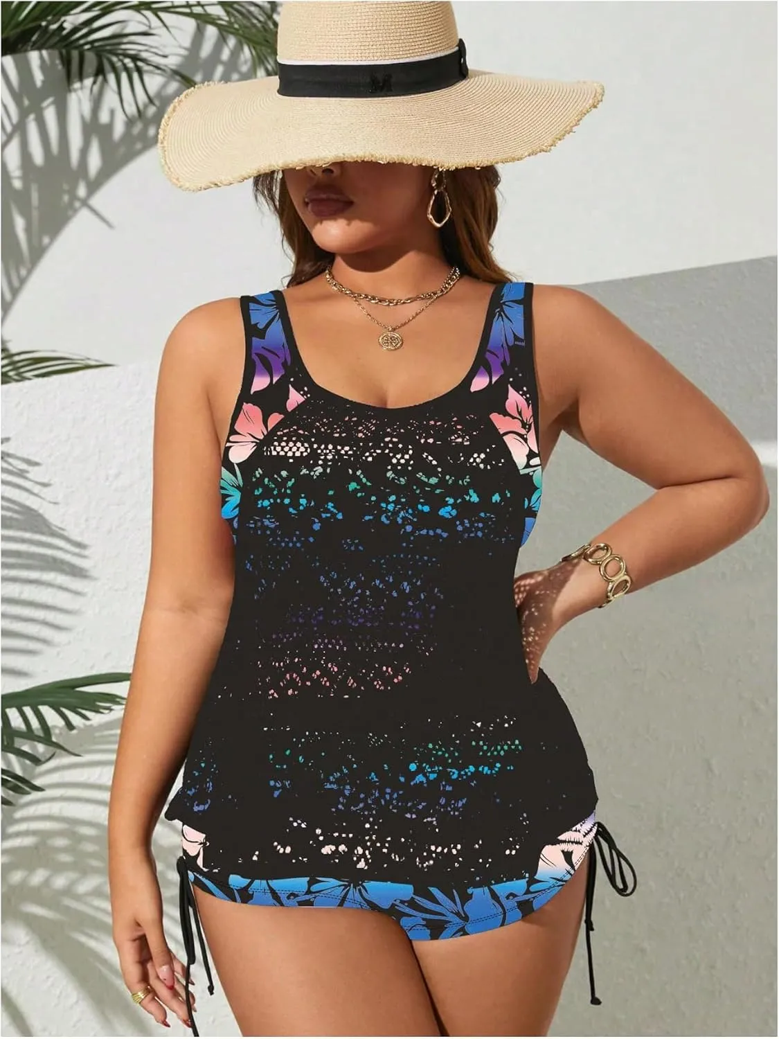 SOLY HUX Women's Plus Size Tankini Swimsuits Floral Print Two Piece Bathing Suit Lace Tankini Tops and Shorts Set