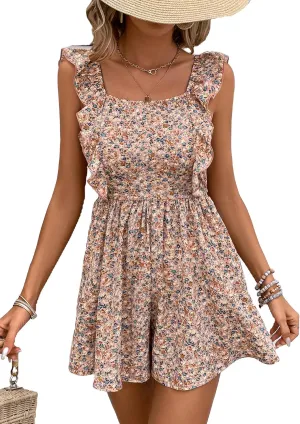 SOLY HUX Women's Summer Romper Floral Rompers Square Neck Ruffle Sleeveless Flowy Shorts Jumpsuits Vacation Outfits for Women