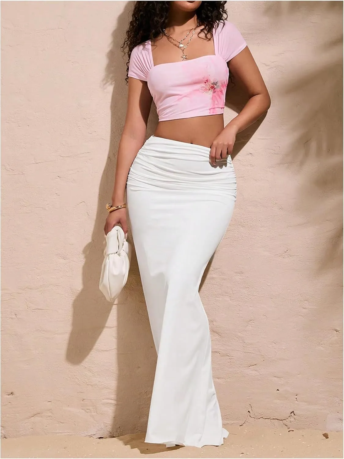 SOLY HUX Women's Summer Ruched High Waist Maxi Long Skirt Elegant Bodycon Fishtail Skirts