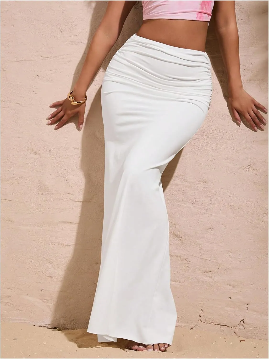 SOLY HUX Women's Summer Ruched High Waist Maxi Long Skirt Elegant Bodycon Fishtail Skirts