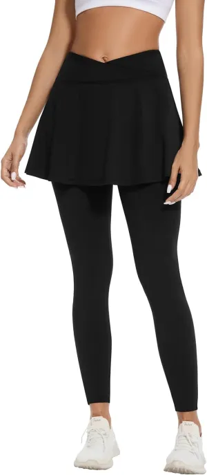 Soneven Tennis Skirted Leggings for Women with Pockets Crossover Ruffle Pleated Golf Skort Active Yoga Leggings with Skirts(2256-Black, Small)