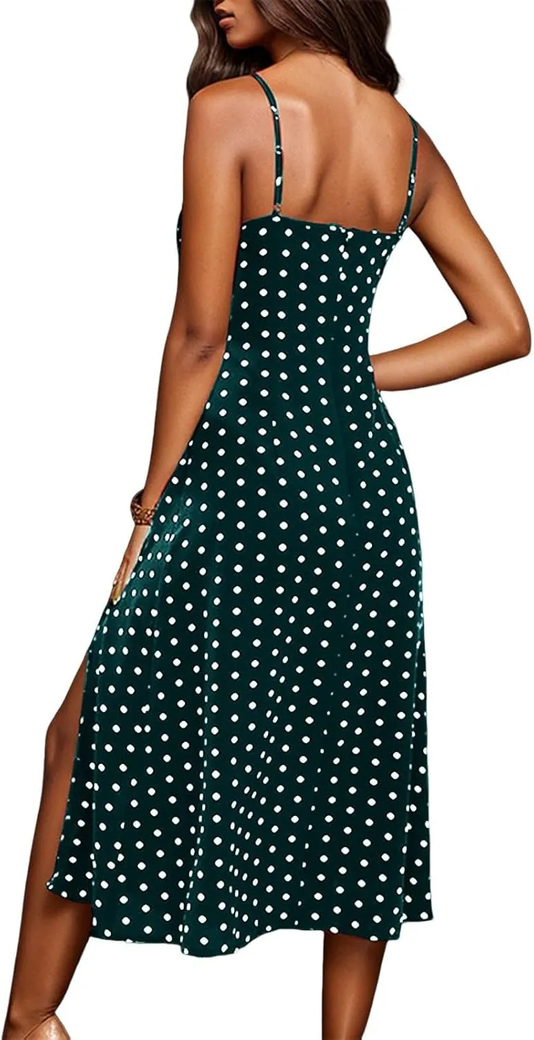 Spaghetti Strap Dresses for Women 2025 Polka Dot Sleeveless Slit Midi Dress Summer Sexy Boho Flowy Beach Vacation Sundress