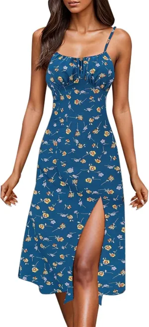 Spaghetti Strap Dresses for Women 2025 Polka Dot Sleeveless Slit Midi Dress Summer Sexy Boho Flowy Beach Vacation Sundress
