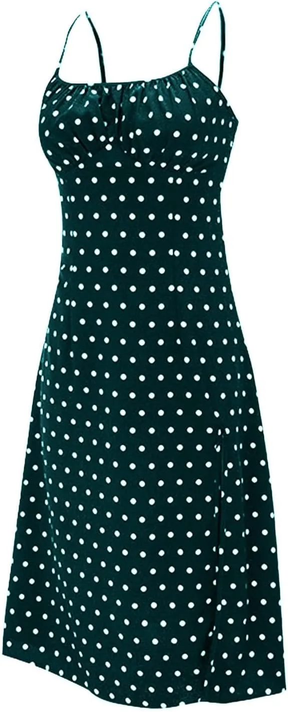 Spaghetti Strap Dresses for Women 2025 Polka Dot Sleeveless Slit Midi Dress Summer Sexy Boho Flowy Beach Vacation Sundress