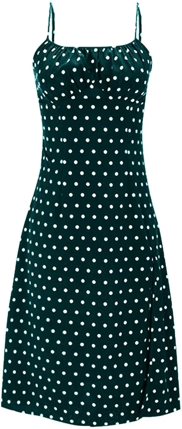 Spaghetti Strap Dresses for Women 2025 Polka Dot Sleeveless Slit Midi Dress Summer Sexy Boho Flowy Beach Vacation Sundress