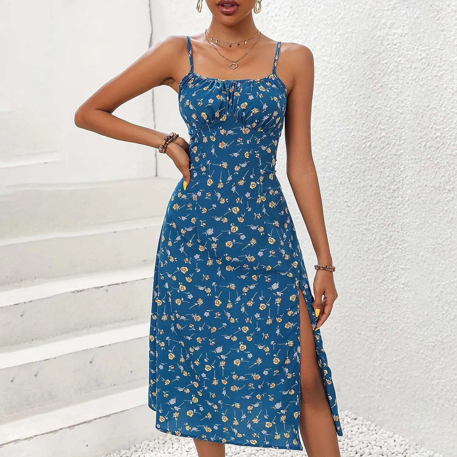 Spaghetti Strap Dresses for Women 2025 Polka Dot Sleeveless Slit Midi Dress Summer Sexy Boho Flowy Beach Vacation Sundress