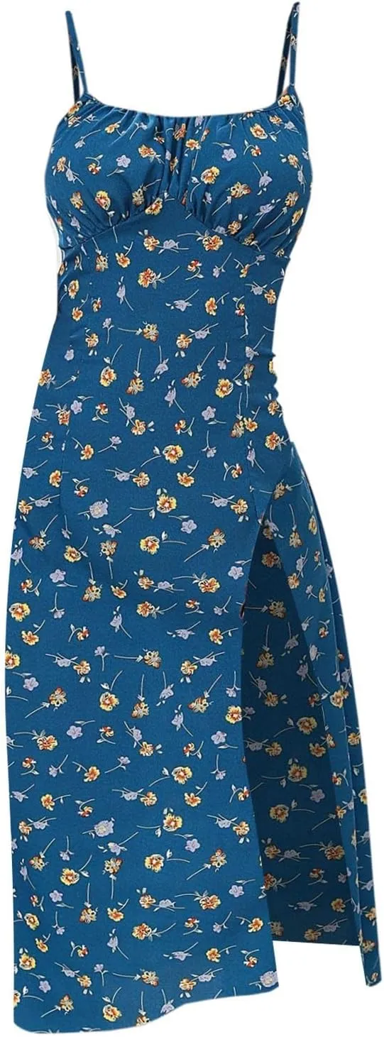 Spaghetti Strap Dresses for Women 2025 Polka Dot Sleeveless Slit Midi Dress Summer Sexy Boho Flowy Beach Vacation Sundress