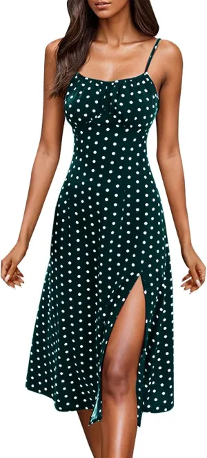 Spaghetti Strap Dresses for Women 2025 Polka Dot Sleeveless Slit Midi Dress Summer Sexy Boho Flowy Beach Vacation Sundress
