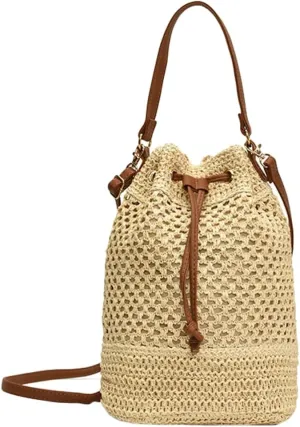Straw Bucket Bag for Women Woven Drawstring Shoulder Bag Summer Beach Coss-body Bag Travel Leisure Top-Handle Purse