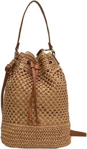 Straw Bucket Bag for Women Woven Drawstring Shoulder Bag Summer Beach Coss-body Bag Travel Leisure Top-Handle Purse