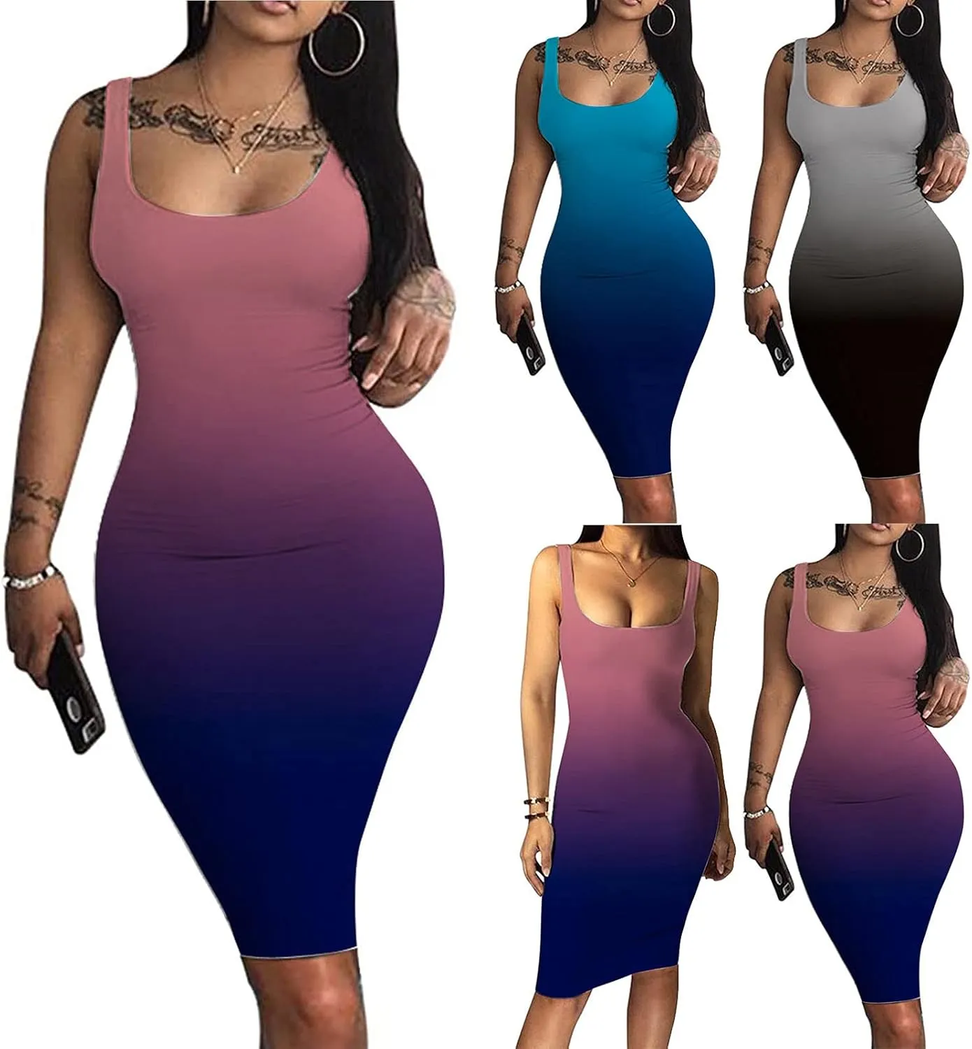 Summer Dresses for Women Gradient Tank Dress Sexy Bodycon Dress Sleeveless Basic Midi Club Dress