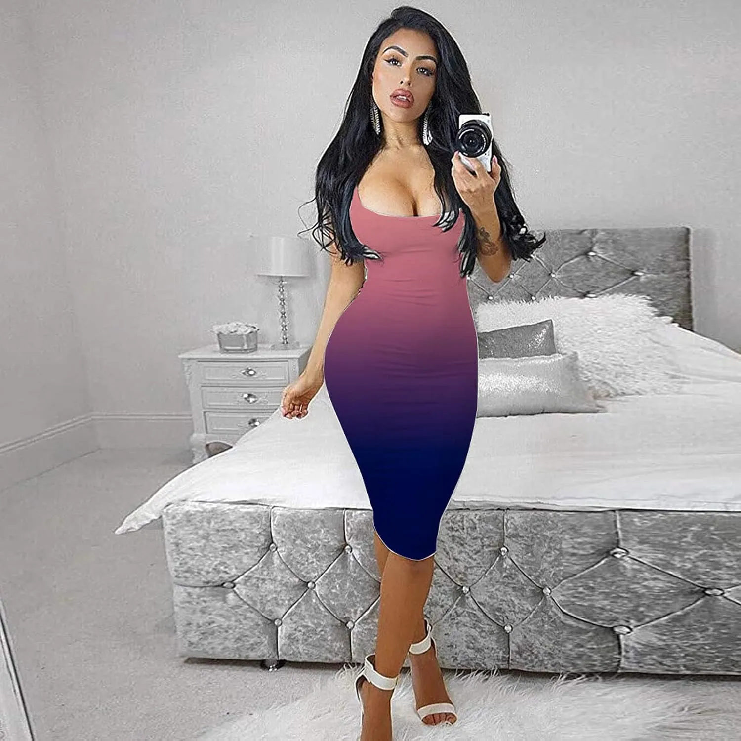 Summer Dresses for Women Gradient Tank Dress Sexy Bodycon Dress Sleeveless Basic Midi Club Dress