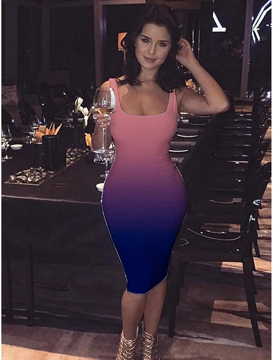 Summer Dresses for Women Gradient Tank Dress Sexy Bodycon Dress Sleeveless Basic Midi Club Dress