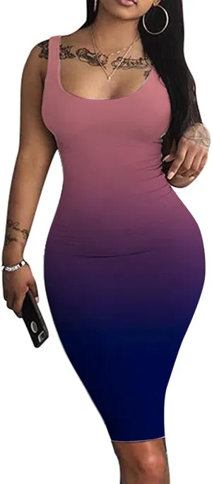 Summer Dresses for Women Gradient Tank Dress Sexy Bodycon Dress Sleeveless Basic Midi Club Dress