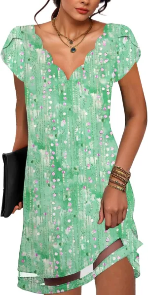 Summer Dresses for Women Petal Short Sleeve V-Neck Beach Dress Floral Print Dressy Casual Sun Dresses