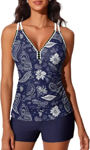 Summer Mae V-Neck Women Tankini Swimsuits Two-Piece with Side Pockets Swim Shorts 2025 Tie-Back Straps Bathing Suits