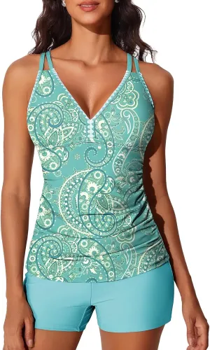 Summer Mae V-Neck Women Tankini Swimsuits Two-Piece with Side Pockets Swim Shorts 2025 Tie-Back Straps Bathing Suits